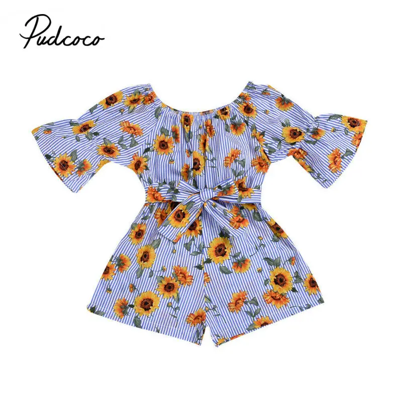 

2019 Brand Princess Baby Girl Floral Romper O-Neck Flare Sleeve Bow Striped + Sunflower Jumpsuit Playsuit Outfit Sunsuit Clothes