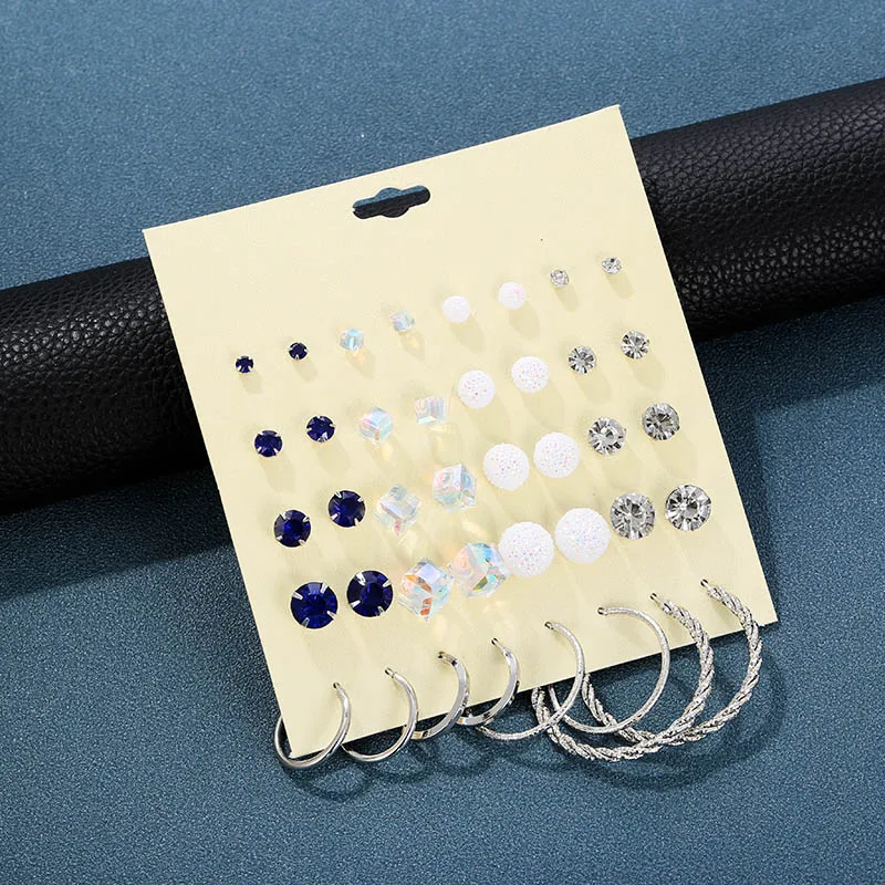 20 пар/компл. Модные женские круглые квадратные Украшенные стразами серьги-гвоздики Комплект сережек для женщин Винтаж Серебряный Круглый Серьги Подарки