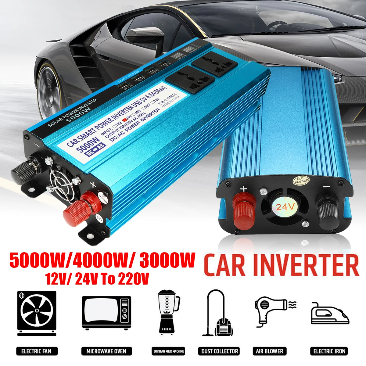 Car Solar Power Inverter 12//24V DC to 110//220V AC Wave Converter 4000W//3000W