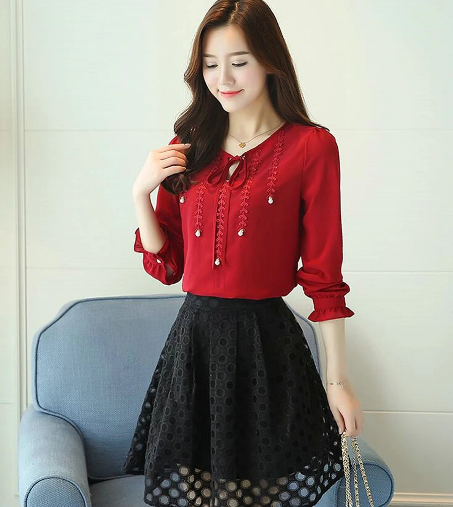 WAN XIANG YUAN Women Shirts 2017 Casual Autumn Long-Sleeved Chiffon Blouse Lady Plus size Blouse for Women Chemise Femme 92315