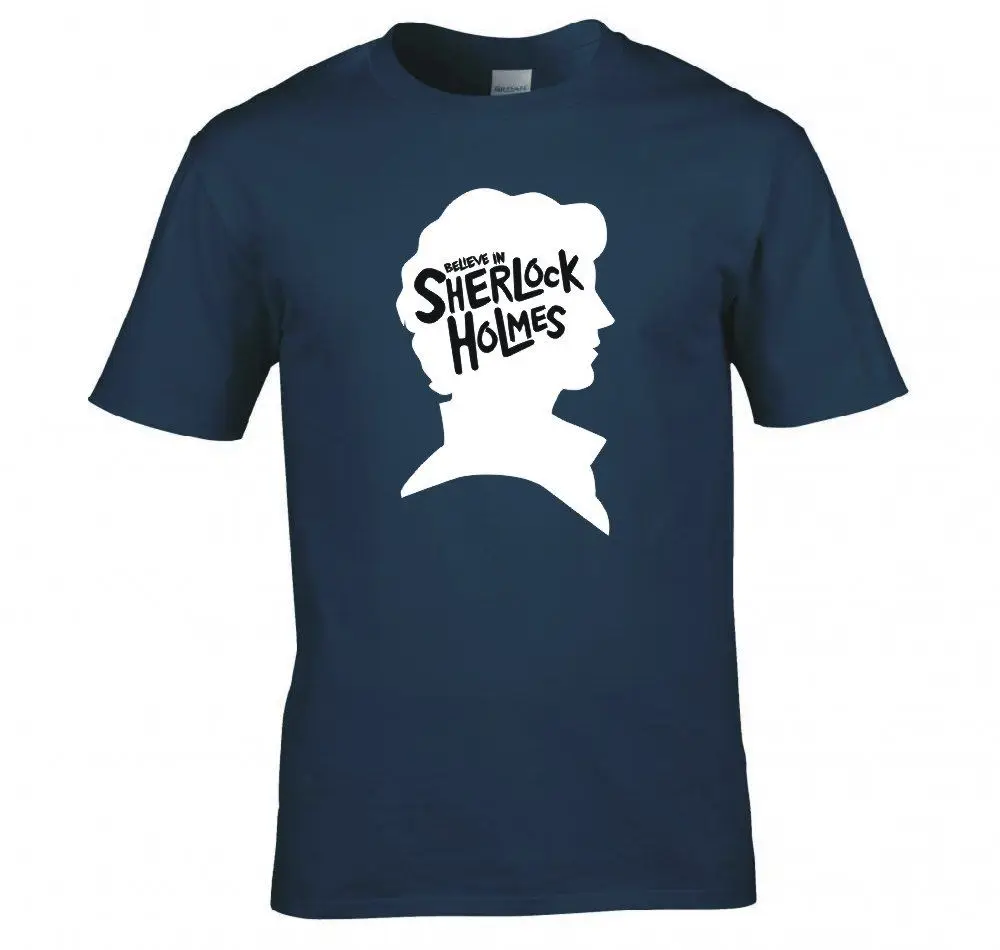 Для мужчин Рубашка с короткими рукавами майка Шерлок Холмс "Я верю в Шерлок Холмс" футболка Новинка 2017 г. Последние Для мужчин t рубашка Мода