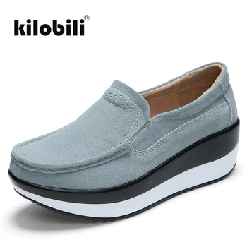 

kilobili Shoes Women Flats Loafers Round Toe lace-up genuine leather Thick Bottom Platform Wedge Shoes For Women Causal Shoes