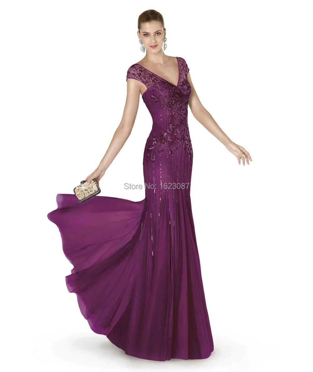 2017 A Line Donne Abito Da Sera Lungo Viola Bordare Modo Nobile Ultimi Disegni Del V Collo Di Vendita Calda All Ingrosso Di Alta Qualita Evening Dresses Long Purple Evening Dresses Longdesigner Evening Dresses