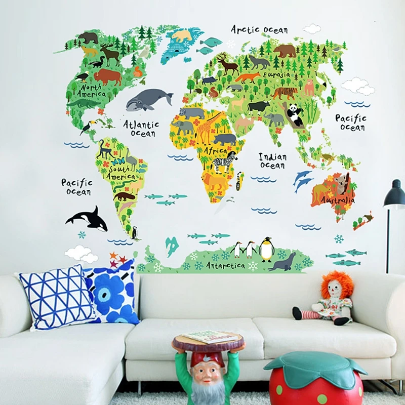 

DIY Animals Safari World Map Kids Decor Removable Wall Sticker School Art Decal decorations for home