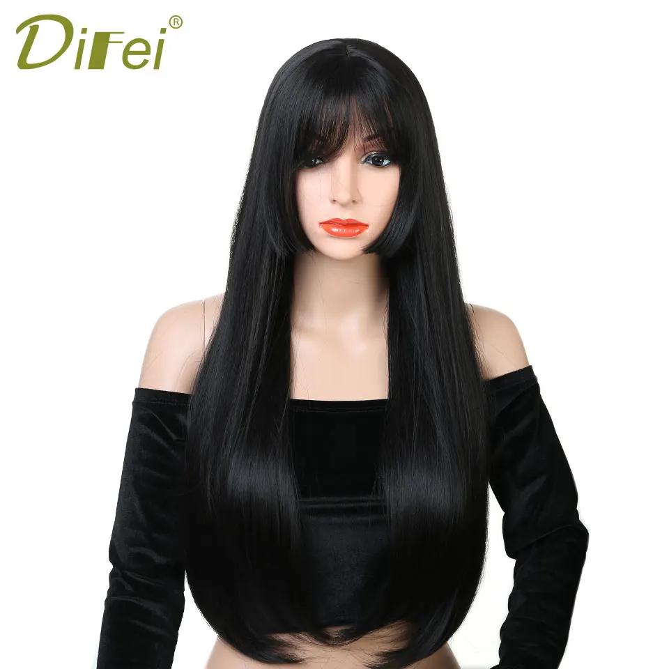DIFEI 24 дюйма длинные черные парики с челкой термостойкие синтетические прямые парики для женщин афро-американские поддельные волосы
