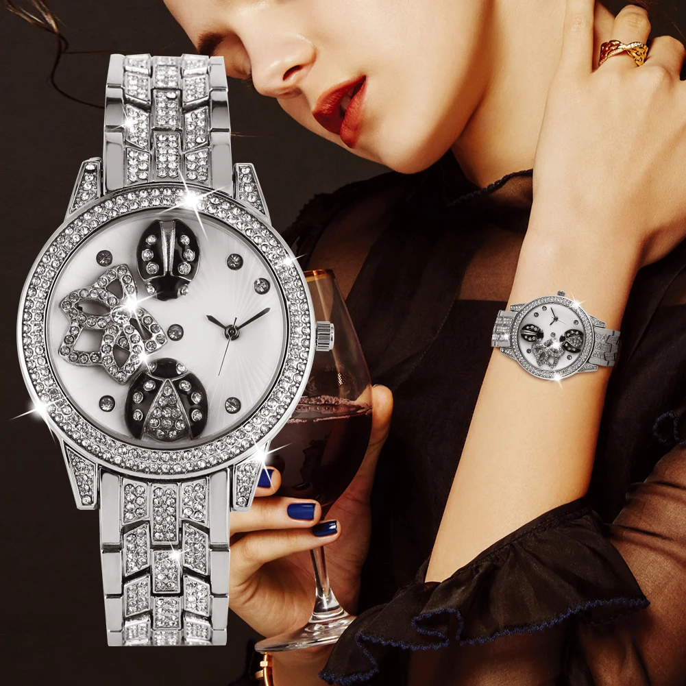 Женские часы, кварцевые аналоговые часы, Роскошные инкрустированные бриллиантами часы Beetle Relief, ремешок из сплава с застежкой-крючком, наручные часы