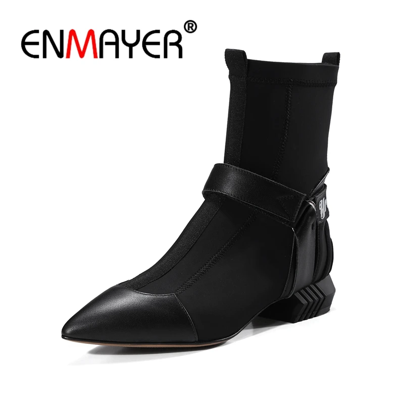 

ENMAYER Women's Stretch Fabric Patchwork Slip-on Autumn Flats Ankle Boots Brand Design Pointed Toe Short Booties Shoes CR343