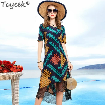 

Tcyeek Summer Beach Dress Women 100% Real Silk Dress Elegant Floral Print Long Dresses Casual Lace Party Vestidos Verano LWL1827