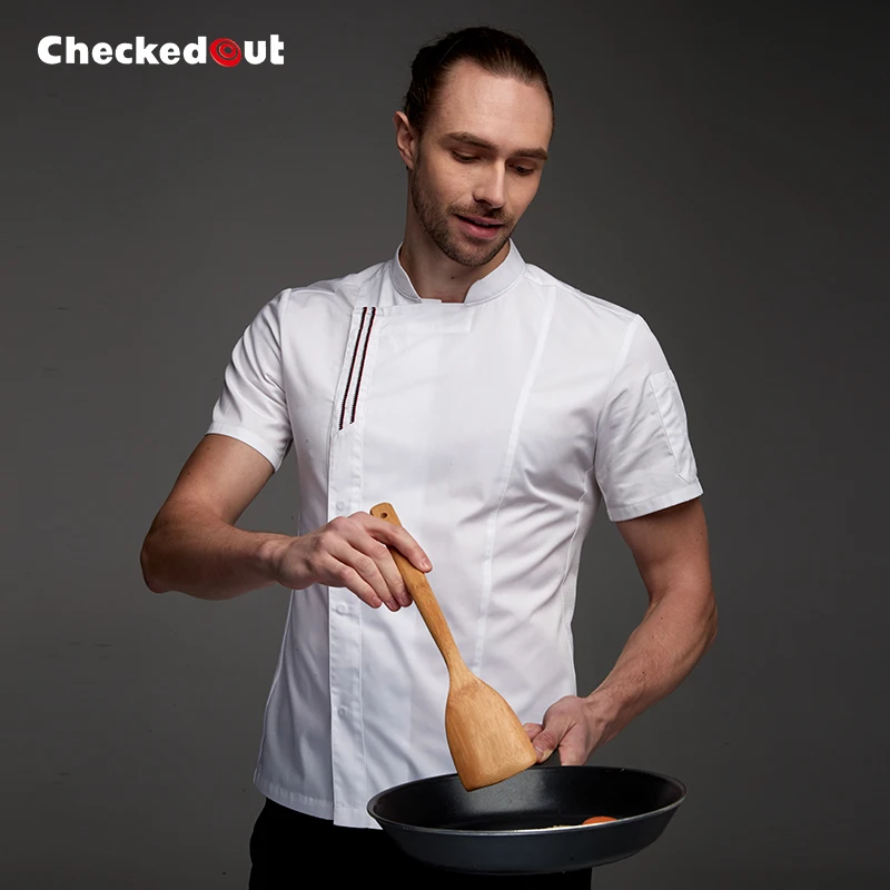 Летние тонкие поварские куртки с коротким рукавом, дышащие поварские пальто для мужчин с вышивкой логотипа ресторана - Цвет: white short sleeve