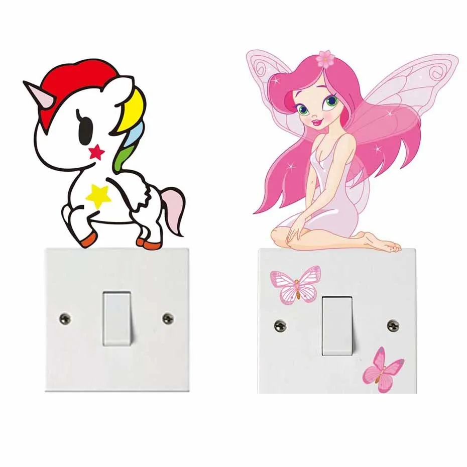 2pcs lot cute cartoon unicorn fairy girl switch sticker removable vinyl wall decals diy art wallpaper for kids room home decor in wall stickers from home