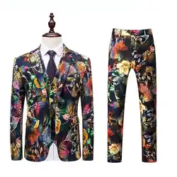 2019 роскошные мужские высокого качества цветочный принт костюм сценический пиджак мужской Винтажный стиль свадебное платье Блейзер 3 шт