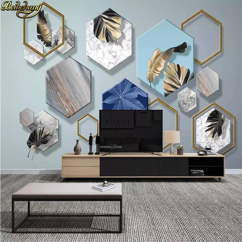 beibehang custom Nordic modern minimalist geometric wallpaper for bedroom walls golden plant leaf TV background wall paper roll