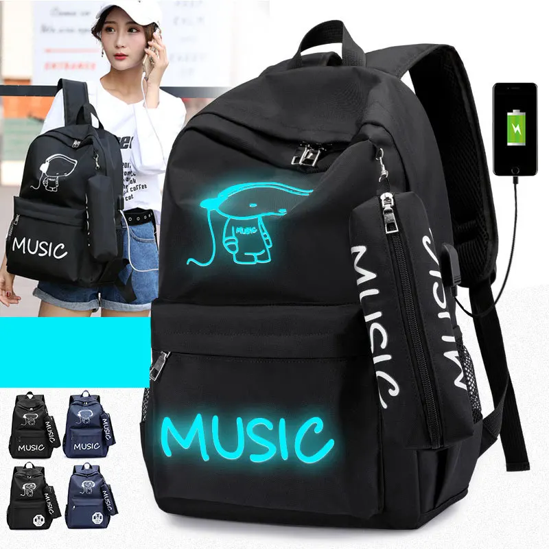 

Two Sets Girl USB Charging Luminous Women Laptop Backpacks Nylon School Fluorescence Teenager Book Bag Mochila Feminina Light