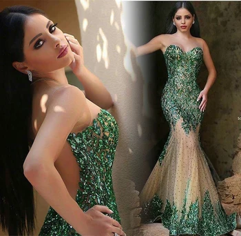 

Green Sheer O-Neck Sleeveless Floor Length Beading Appliques Tulle Mermaid Long Evening Dress 2017 Vestido de festa