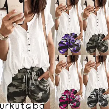 

New Ladies Women Short Summer Hot Sale Beach Fashion Casual Elastic Camouflage Drawstring Shorts Trousers High Waist Plus Size