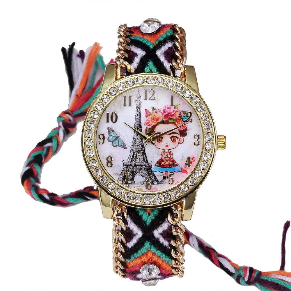 

100pcs/lot nice girl dial rope braided rope watch for lady fashion wrap quartz weave wristwatch ribbon eiffel tower watch