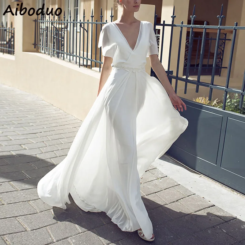 

2019 Summer Casual Long Boho Beach Style Dress White Sexy Flare Sleeve Deep V-neck Maxi Chiffon Dresses Vestidos for Women