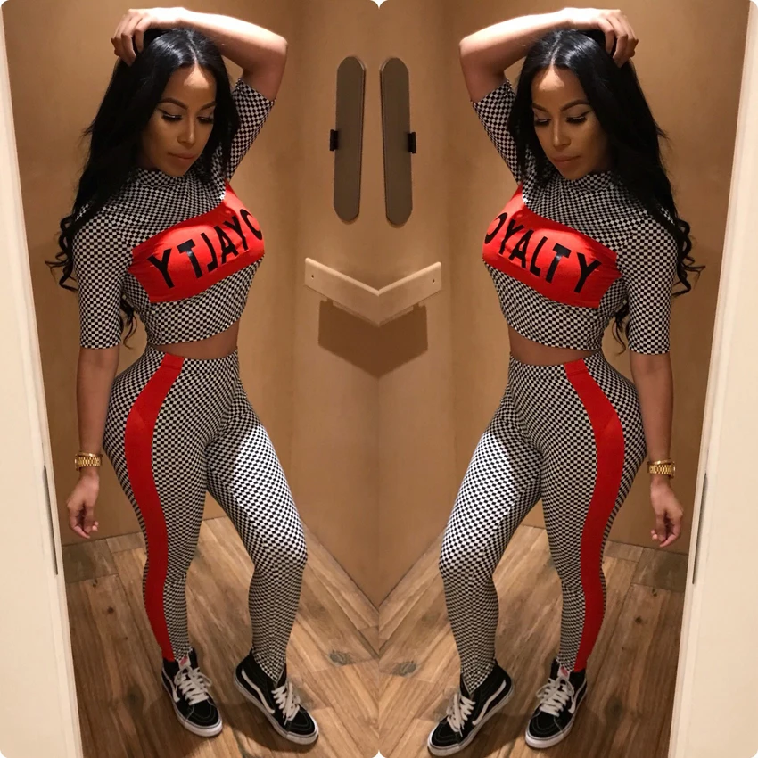 

Plaid Letter Tracksuits for Women Outfits Sportswear Fitness Co-ord 2 Piece Set Biker Short Top Pant Suits 2019 Summer Clothing