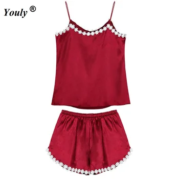 

Sexy Sleeveless Lace Pajamas Short sleeve Trim Satin Cami And Shorts Pajamas Set Burgundy V Neck Sexy Pajamas Suit Set homewear