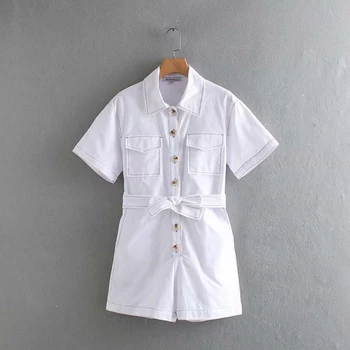 

Women White Casual Light Line Short Jumpsuit 2019 Summer Fashion Single Breasted High Waist With Bow Belt Playsuit combinaison