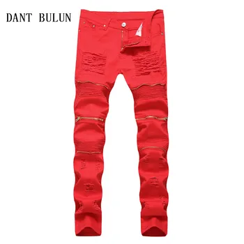 

Men Jeans Biker Ripped Knee Multi Zipper Slim Skinny Destroyed Elastic Red Denim Pants For Male Homme,009