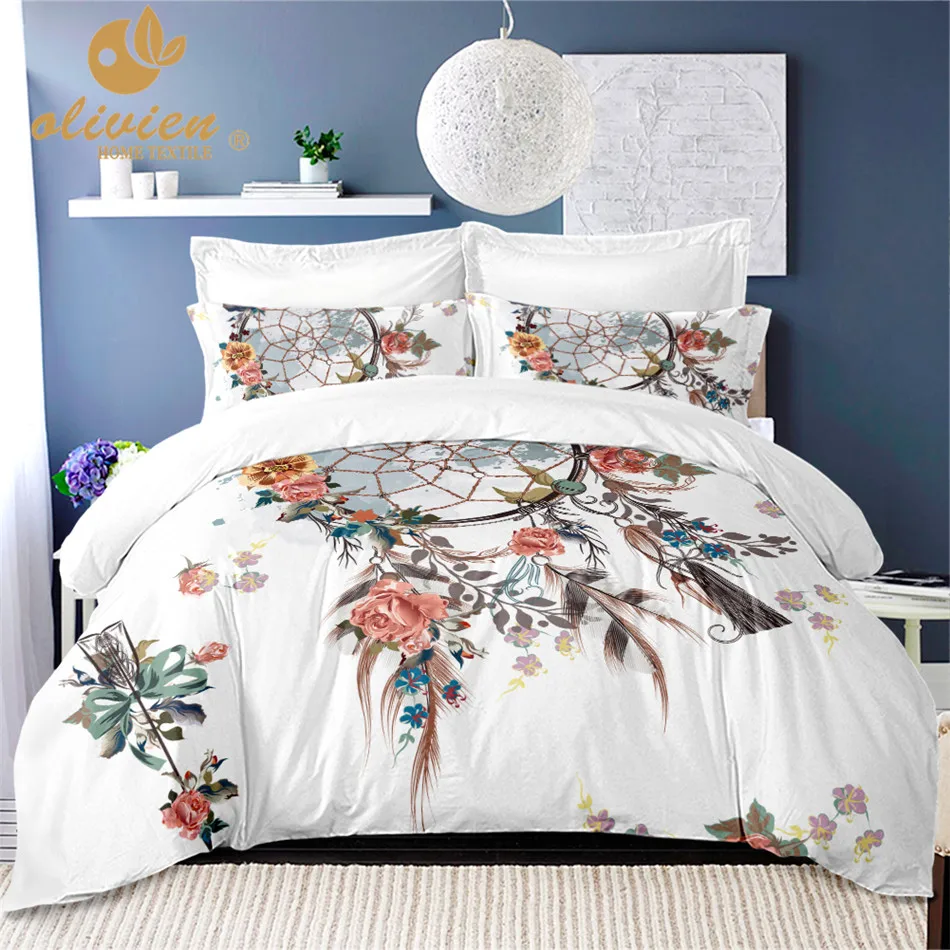 

Boho Dreamcatcher Bedding Set Flowers Print Duvet Cover Set King Queen Size Bedding Cover White Bedclothes Home Textile 3Pcs