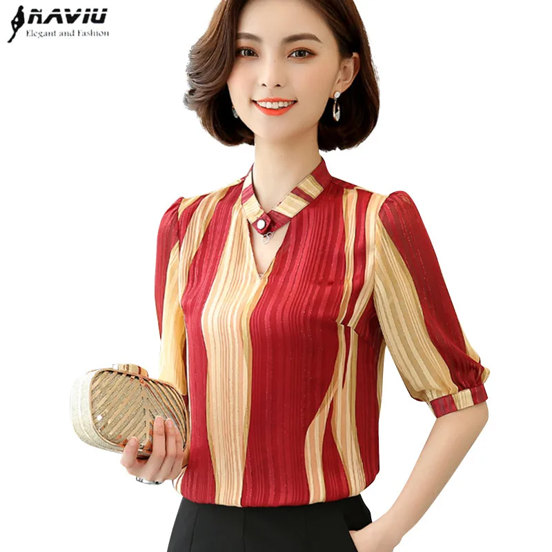

2019 Summer New Fashion women Half sleeve chiffon shirt loose temperament elegant V Neck stripe blouses office ladies tops