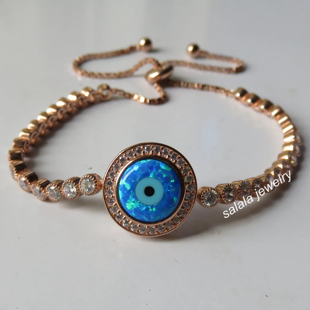 

Adjustable 925 Sterling Silver Evil Eye Fire Opal Bracelet Blue Evil Eye Opal Bracelet with AAA CZ Cubic Zirconia