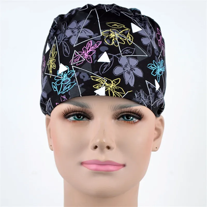 Floral Black Women's Scrub Caps Surgical Scrub Cap Pathology Euro Tieback Cotton Work Hat