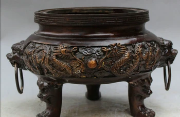 

USPS to USA S1613 13" Tibet Bronze Cloud Fly Dragon Lion Head Statue Tripod Incense Burner Censer