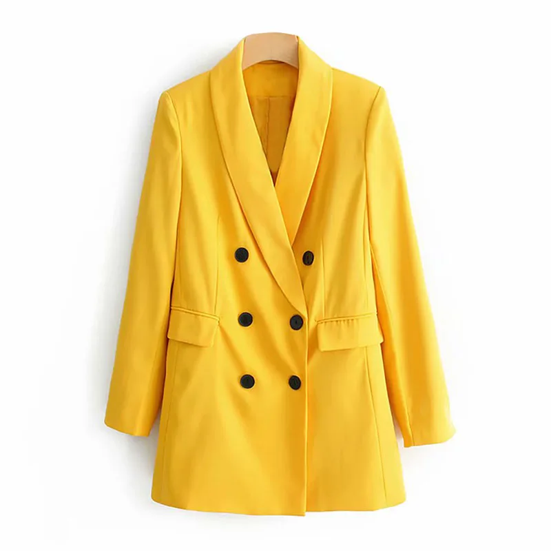 

Women Pink Yellow Blazer Pockets Double Breasted Long Sleeve Office Lady Coat Solid Female Casual Outerwear Tops FFZWT11