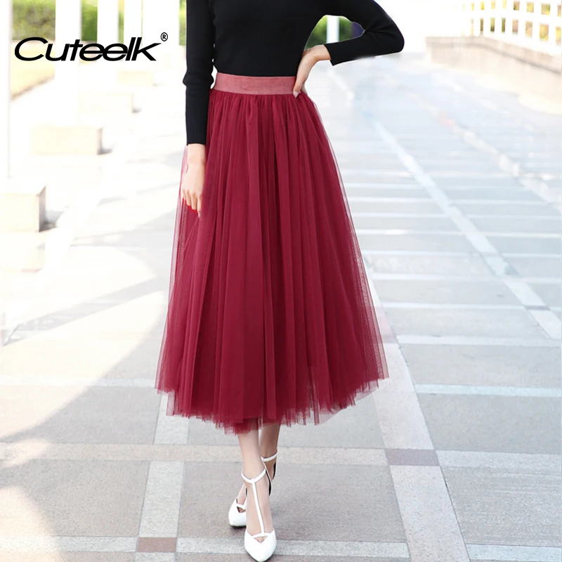 Cuteelk 2017 Autumn Fashion Tulle Skirts Female Elastic High Waist