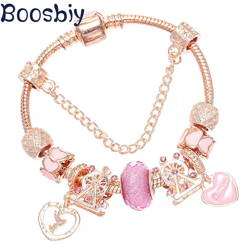 

Boosbiy Antique Rose Gold Charm Bracelet & Bangle With Crystal Beads DIY European Pandora Bracelet For Women Jewelry Gift