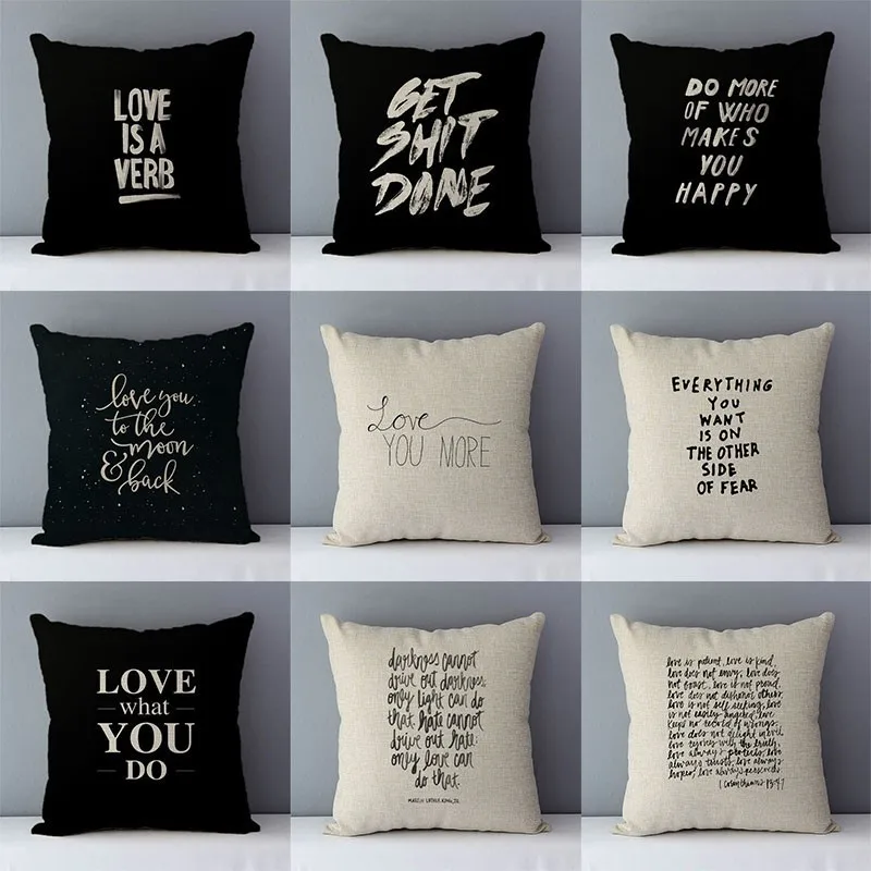 

Simply style cushion cover home decorative pillows 45x45cm cotton linen bedding pillowcase 72g/pc, white black words printed D5