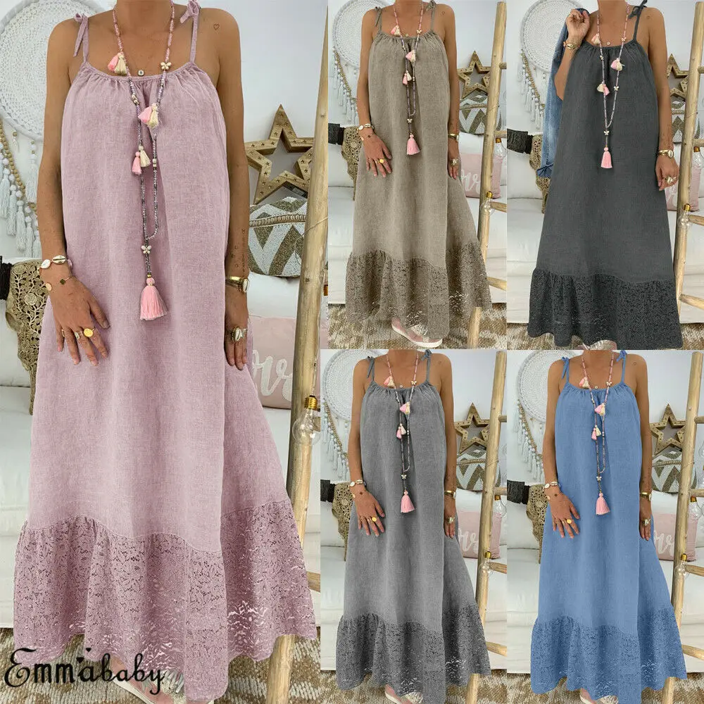 

2019 Brand New Women Summer Casual Sleeveless Baggy Lace Evening Party Beach Dress Long Maxi Dress Causal Holiday