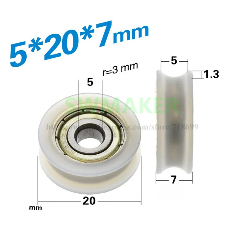

1pcs 5*20*7mm U groove nylon wheel, black white 625zz rolling guide wheel, passive wheel, door and window wheel