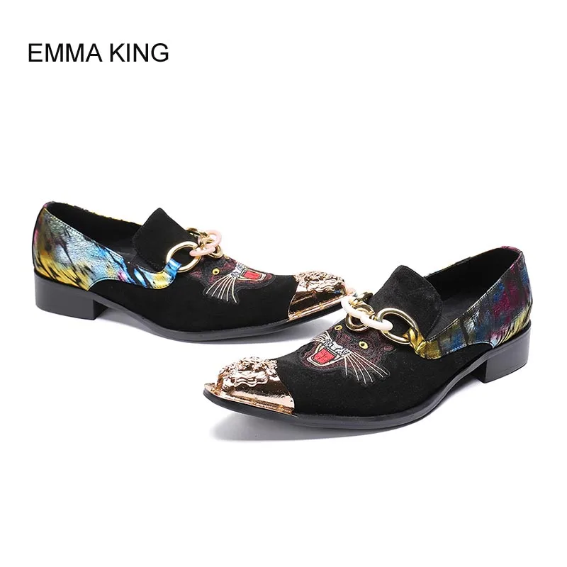 

EMMA KING Embroidery Tiger Comfortable Men Shoes Slip On Metal Pointed Toe Mixed Color Leisure Spring Autumn Zapatos De Hombre