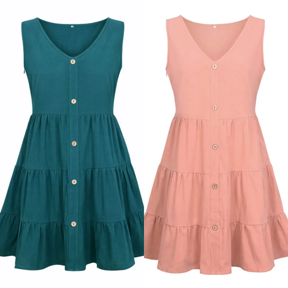 Button Summer Women's Clothes Dressed In Beach With Decont On V Solid Woman Mini Dressed Plissados Dressed Simple Zomer Jurken