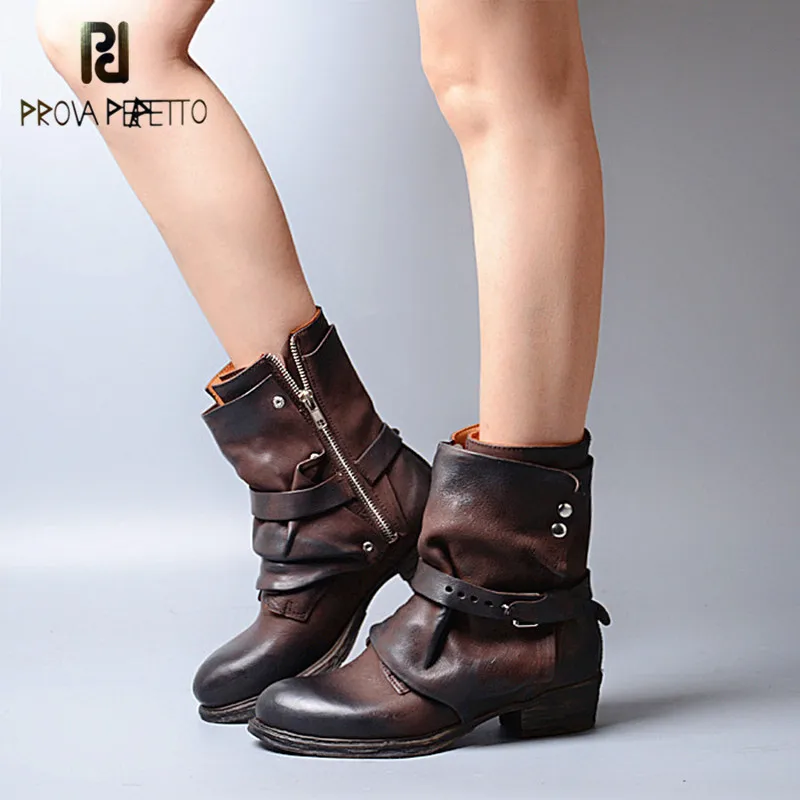 

Prova Perfetto 2018 New Arrival Real Leather Do the Old Martin Ankle Boots British Style Round Toe Low Heel Woman Short Boots