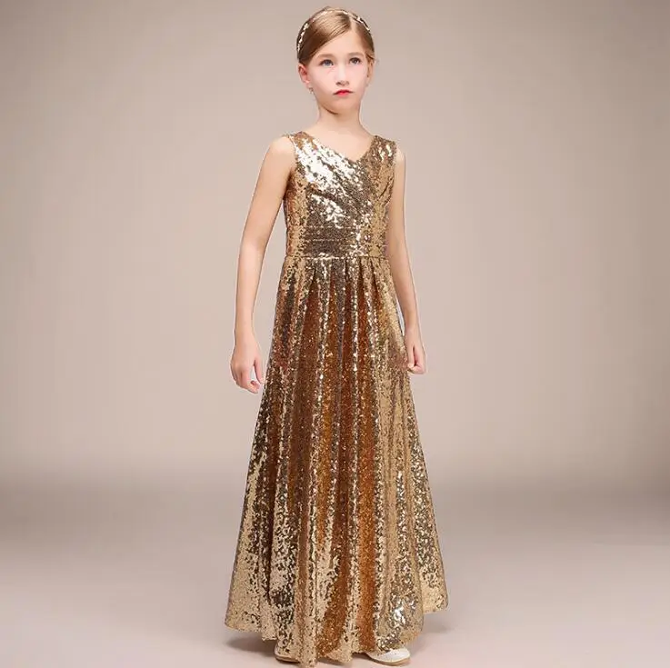 Детские Свадебные платья платье-комбинезон с золотыми блестками для девочек нарядное платье принцессы для девочек одежда на Рождество и день рождения для детей от 1 до 13 лет