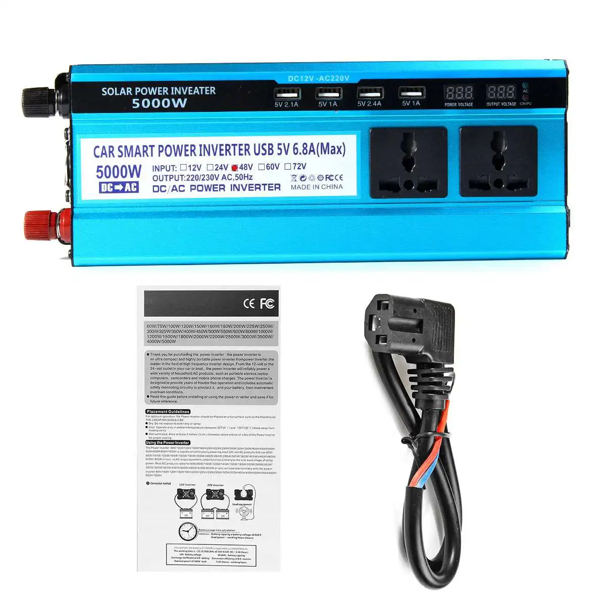 Solar Car Home Power Inverter 12V 24V 48V to 220V