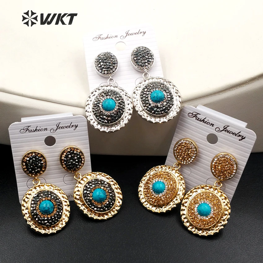 

WKT Wholesale New Arrival Rhinestone Crytal Paved Fashion Earrings Sparkling Eardrop with Natural Stone Women Jewelry WT-RE056