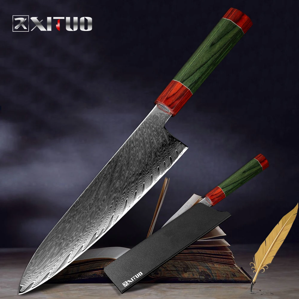 

XITUO Damascus Chef Knife 8 Angle Handle Professional Japan vg10 Damascus Steel Kitchen Slice Cut Meat Cleaver Fish Sushi Knife