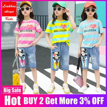

Liakhouskaya 2019 Summer Children Girls Clothing Sets Teenage Short Sleeve Kids Tracksuit Children Striped T-shirt+ Denim Pants