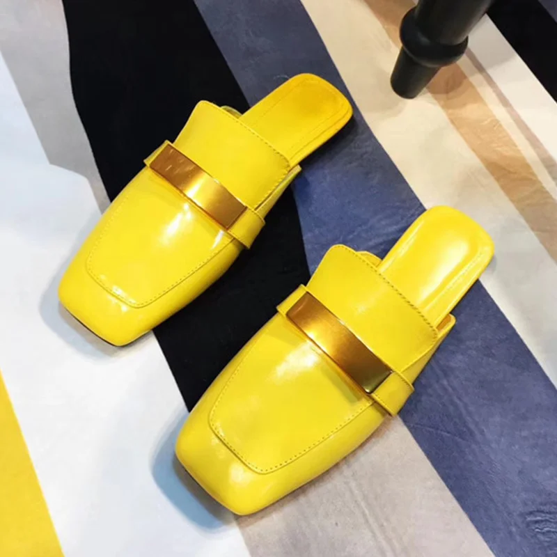 

Square Toe Woman Flats Lazy Women Shoes Gold Metal Decor Woman Slipper Leather Slip On Shoes Sapato Feminino Hot Brand Shoes