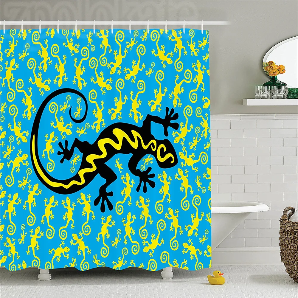 

Reptile Hawaiian Exotic Lizard Dancing with Many Mascots on the Ground Fun Illustration Polyester Bathroom Shower Curtain Black