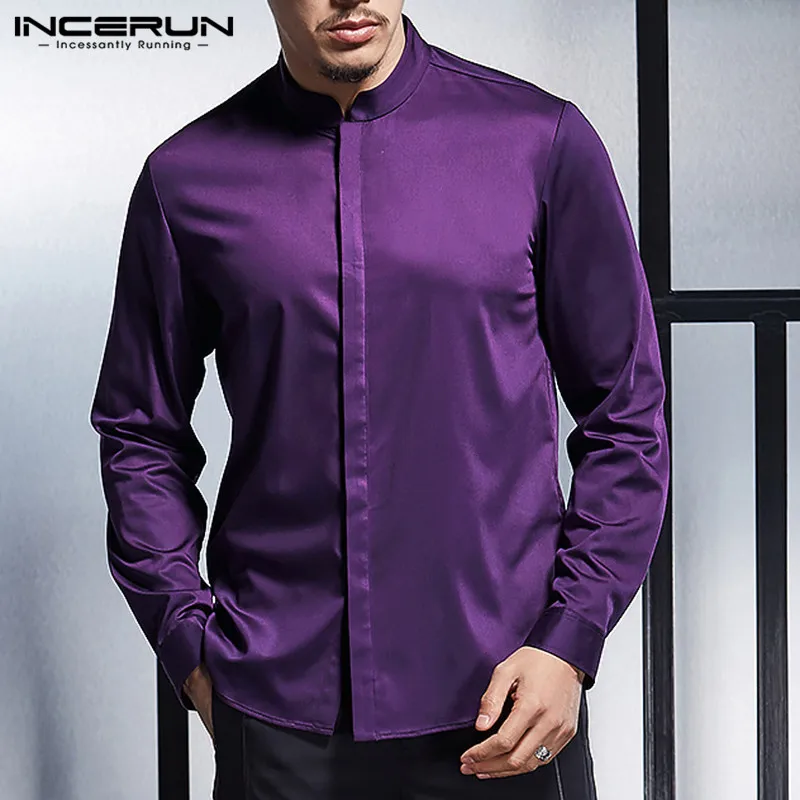 Модная мужская рубашка с длинным рукавом и стоячим воротником, шелковые атласные топы, облегающие повседневные рубашки для мужчин, деловые рубашки для мужчин INCERUN