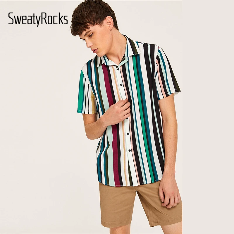 

SweatyRocks Men Button Up Striped Shirt Streetwear Shirts Fashion Multicolor Top 2019 Summer Casual Short Sleeve Male Shirt