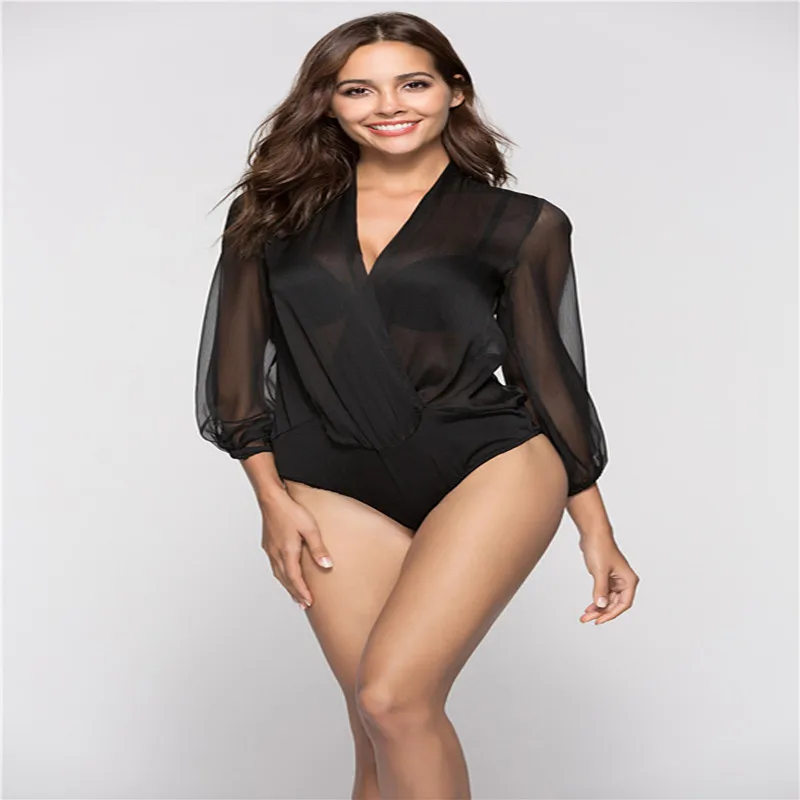 Sexy V neck Bodysuit Blouse Top Sheer Lantern Sleeve Shirt Blouse