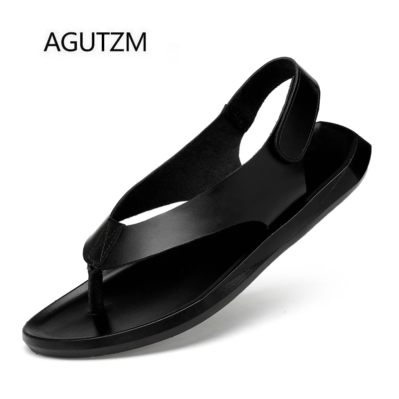 

AGUTZM A18307 New Fashion Black Clip Toe Style Back Hook & Loop The First Layer Cow Leather Rubber Sole Men's Sandals